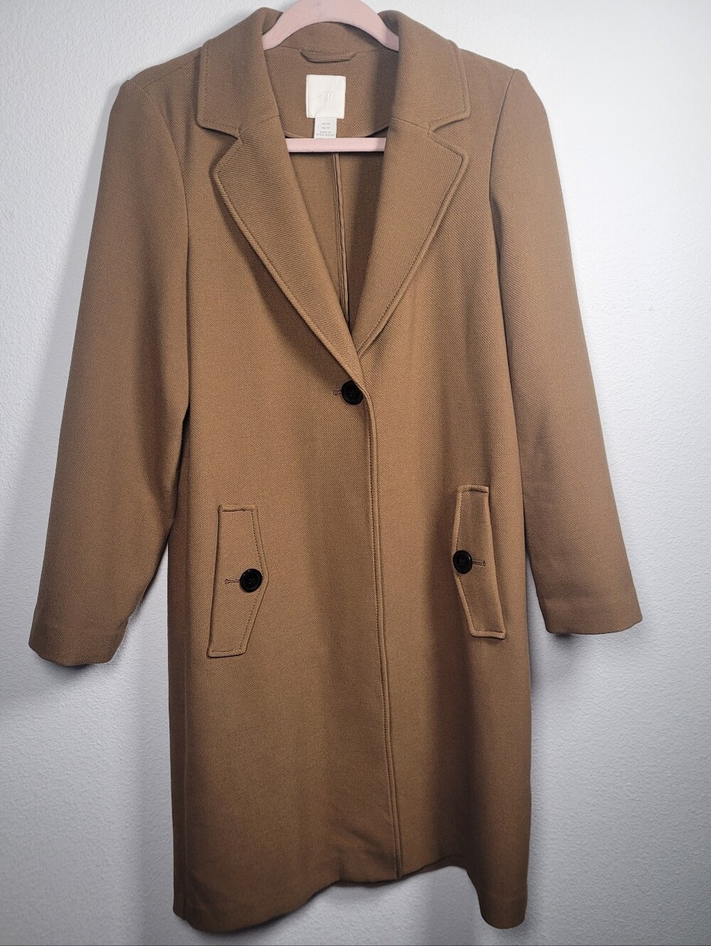 H&M Camel Brown Button Front Long Coat Minimalist Chic Outerwear XS Academia